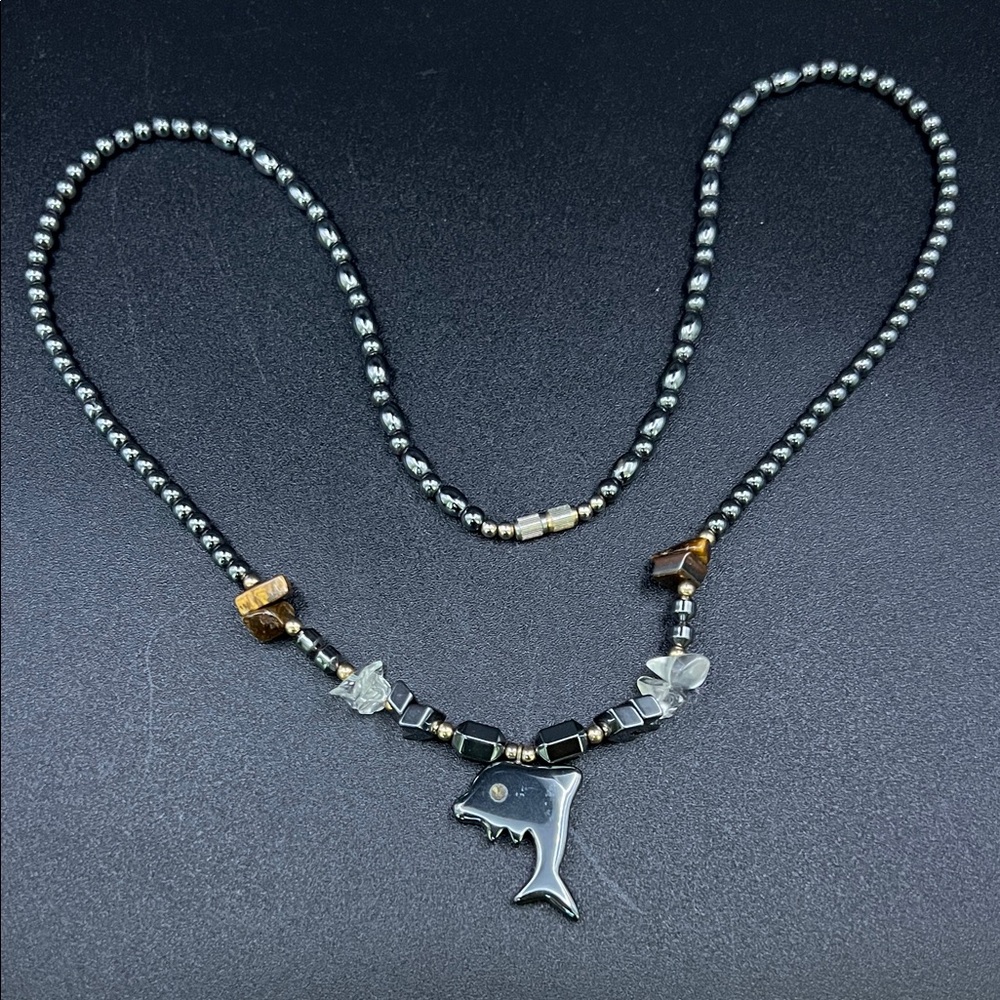 Vintage 23” Hematite Shark or Dolphin Pendant Necklace in Black and Metallic